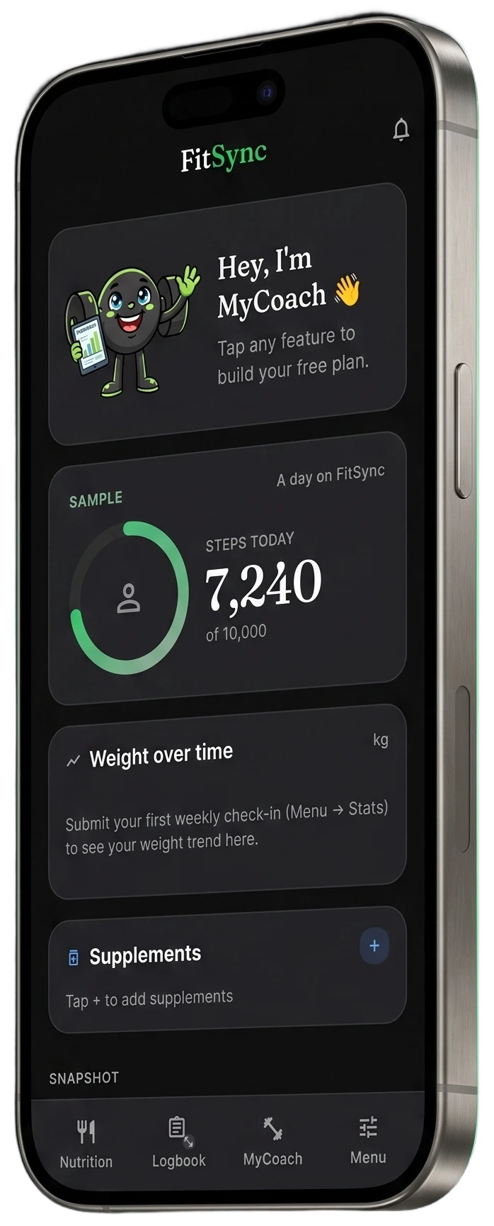 FitSync on iPhone — today's plan, steps ring and weight trend